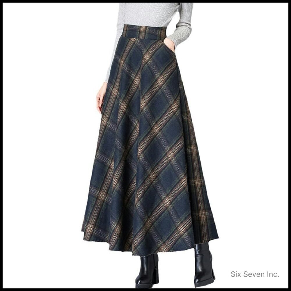 Wool Plaid A-Line Maxi Skirt Elegant Vintage Winter Warm Elastic Waist